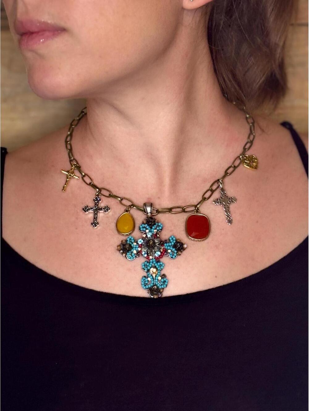 Boho turquoise cross/charm necklace on paperclip chain, repurposed charms!